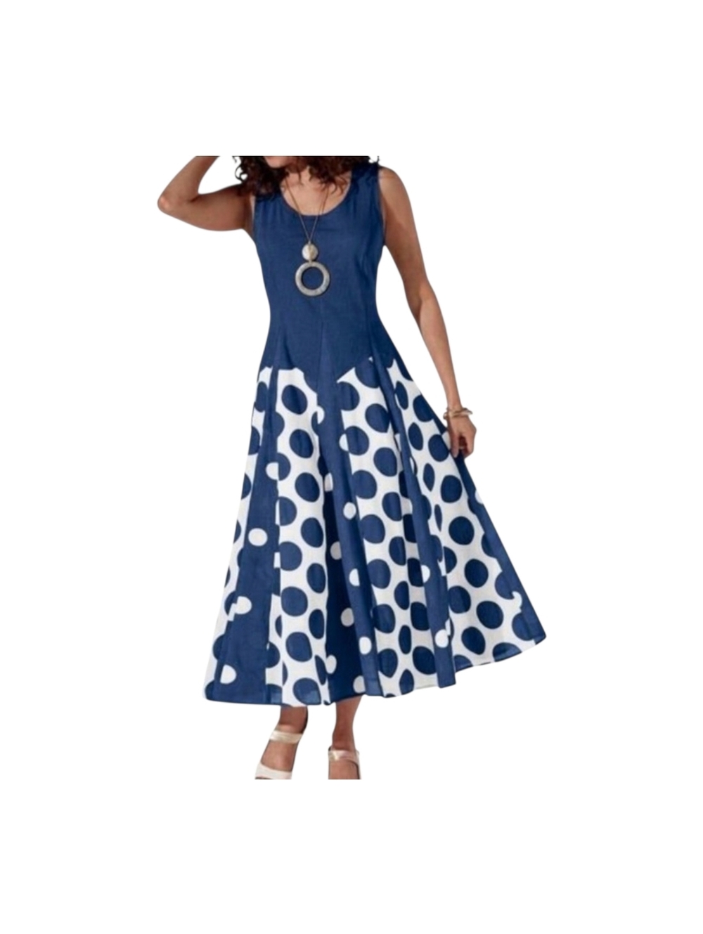 Retro Summer Maxi Dress Studio EY All the Dots Flowy Sundress Blue size L Large